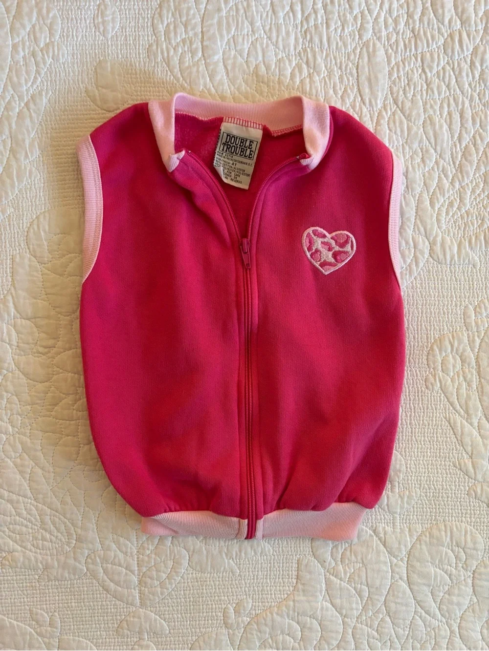 Vintage Double Trouble Pink Sleeveless Zip-Up Vest with Heart Patch